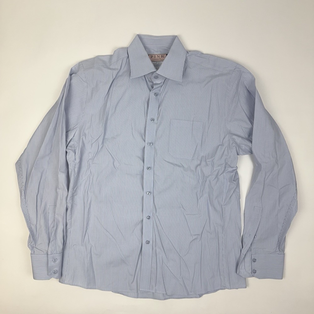 Mens Thomas Pink Slim Fit Traveller Blue Striped Button-Up Dress Shirt Size 16.5